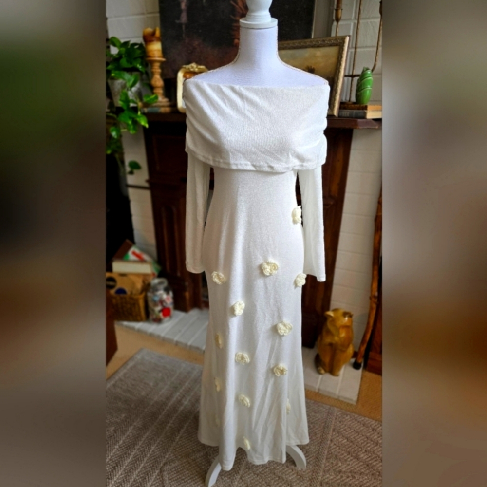 🤍 LUCIA GA 3D Floral Off Shoulder  Knit Dress Boat Neck Long Sleeve Bodyco…